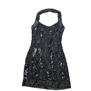 Vintage Silk Alyce Designs Black Beaded Sequin Halter Cocktail Dress Size 8